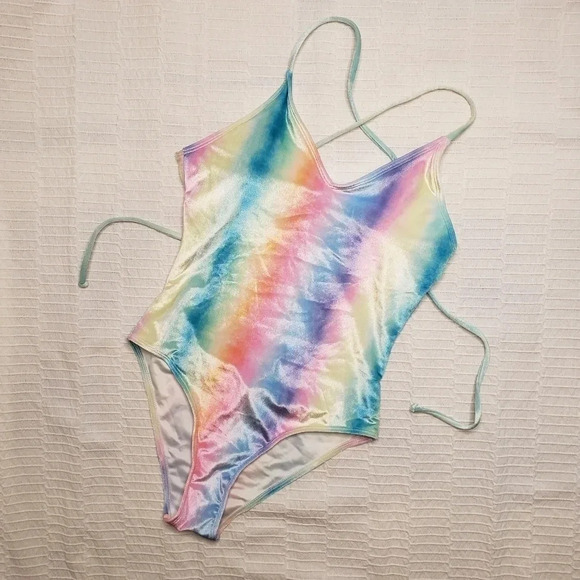 2/$25-Quintsoul S NWOT One Piece Unicorn Rainbow Colorful Velour Deep V Lace Up - Picture 3 of 14